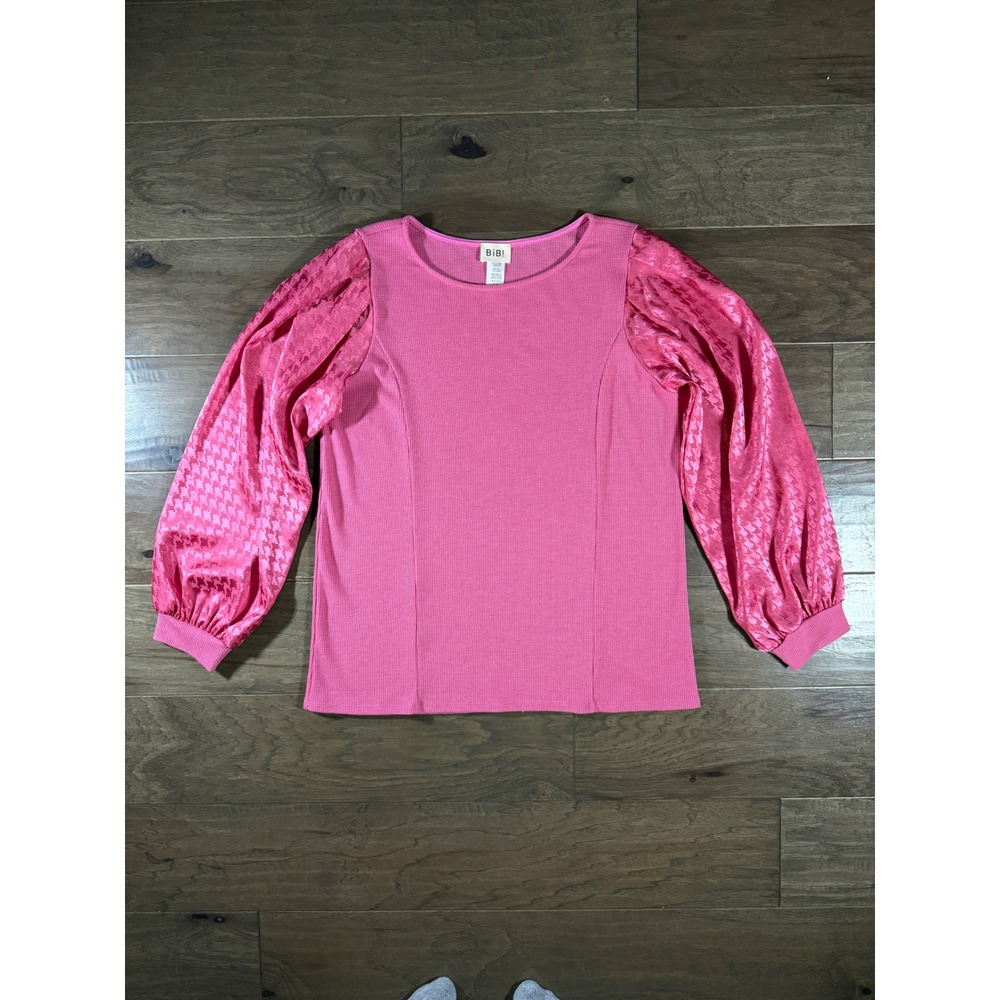 BiBi Womens Pink Waffle Knit Top Houndstooth Satin Balloon Sleeve L